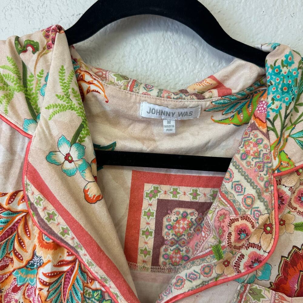 Johnny Was Printed Cotton Lounge Set Button Up Top Wide Leg Pants Rose M - Picture 5 of 9